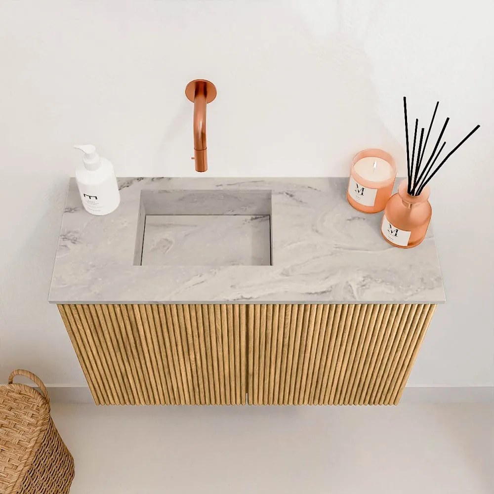 Mondiaz Joya DLux 60cm toiletmeubel oak met wastafel faye links zonder kraangat glace