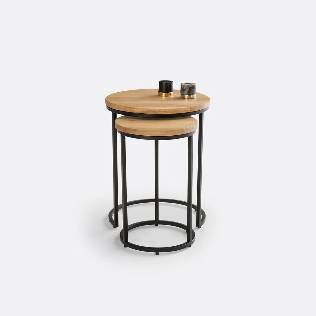 Set van 2 eiken en metalen bijzettafels, Vova