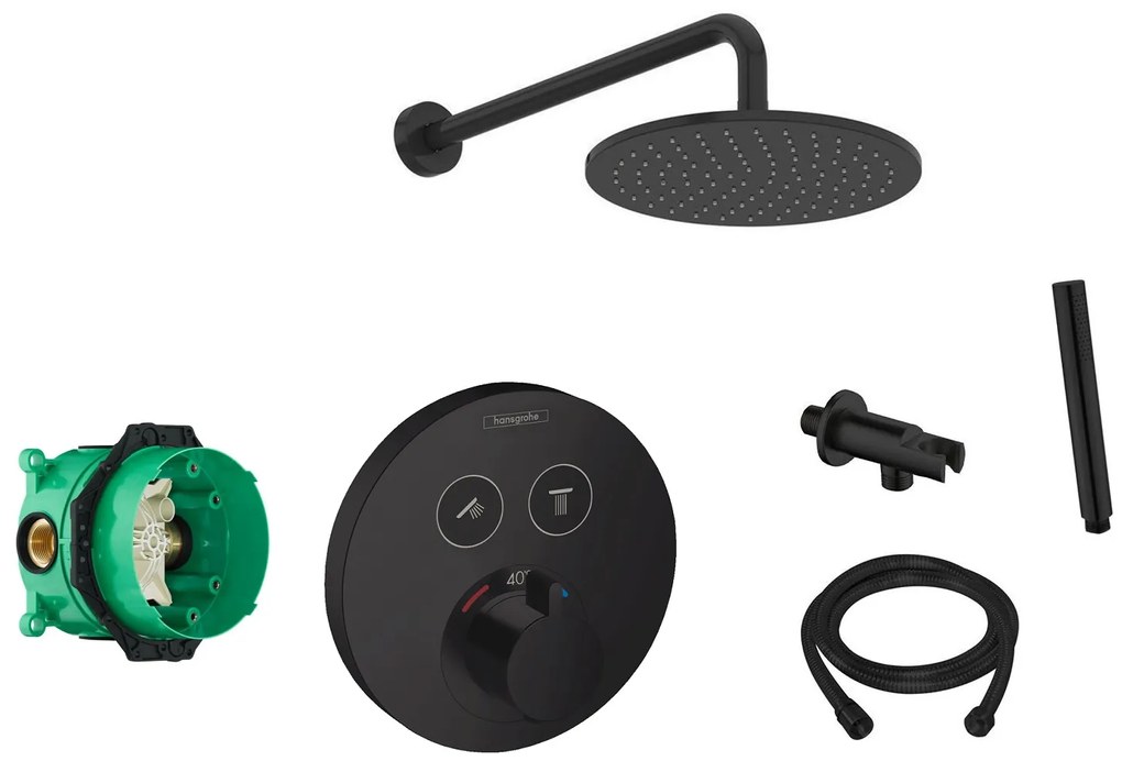 Hansgrohe Shower Select inbouw douchekraan rond met Saniclear Nero 30cm douchekop en wandarm regendouche zwart