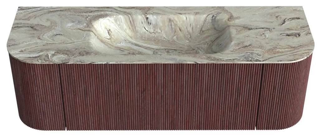 Mondiaz Kurve-dlux 140cm badmeubel ronding links/rechts ruby met 1 lade en 2 deuren en wastafel big small midden zonder kraangat glace
