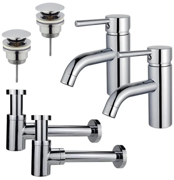 Fortifura Calvi Wastafelkraanset - voor dubbele wastafel - lage wastafelkraan - klikwaste plug - verlaagde design sifon - Chroom 2x SW377810/2x SW696203/2x SW696219