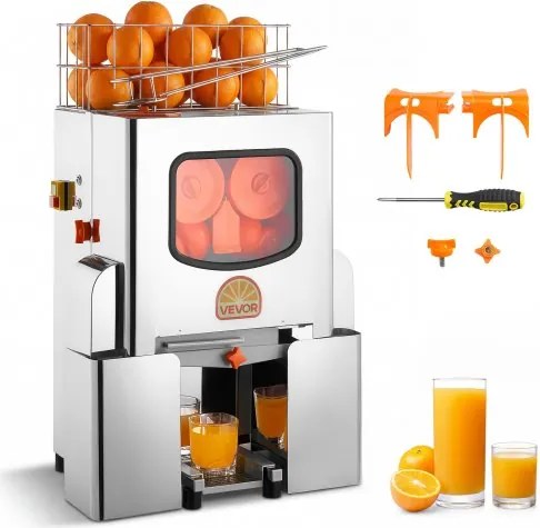 VEVOR Commerciële Sinaasappelpers, Elektrische Citruspers, 120W Roestvrij Staal, Persmachine voor maximaal 20 sinaasappels per minuut, Persmachine voor Citroenen, Citrusvruchten en Granaatappels met 2 Schilopvangbakken