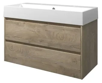 Proline Loft badkamermeubelset - 100x46x62cm - porselein Loft wastafel - 2 kraangaten - symmetrisch - MFC Raw oak/Glans wit 1815461