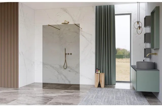 Fortifura Galeria Vrijstaande Inloopdouche - 180x200cm - Rookglas - antikalk - 8mm veiligheidsglas - wandsteunen - Geborsteld Messing PVD (Goud) SW927770 2x/SW797943