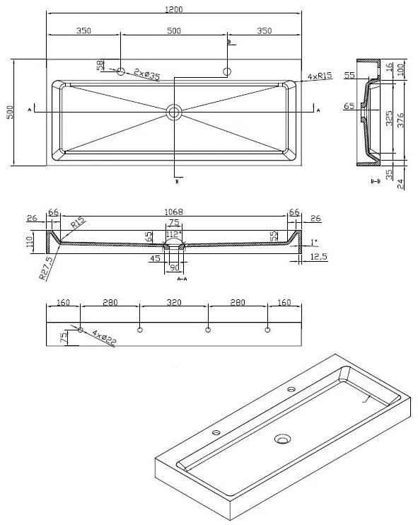 Best Design Nero Opera solid surface wastafel 120x42x10cm