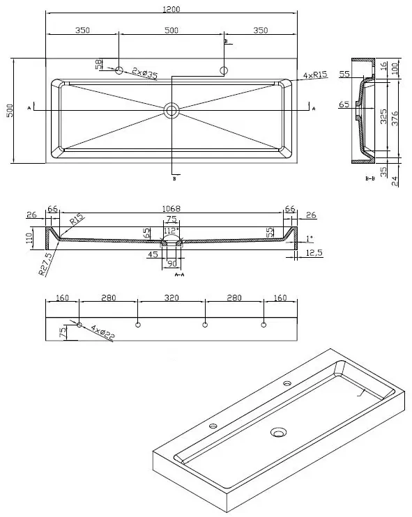 Best Design Nero Opera solid surface wastafel 120x42x10cm