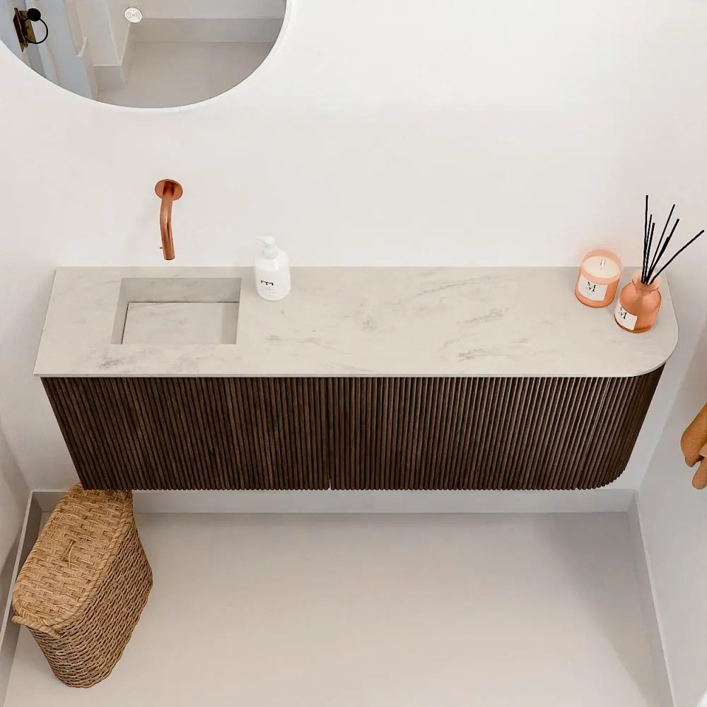 Mondiaz Joya DLux 110cm toiletmeubel ronding rechts walnut met wastafel faye links zonder kraangat opalo