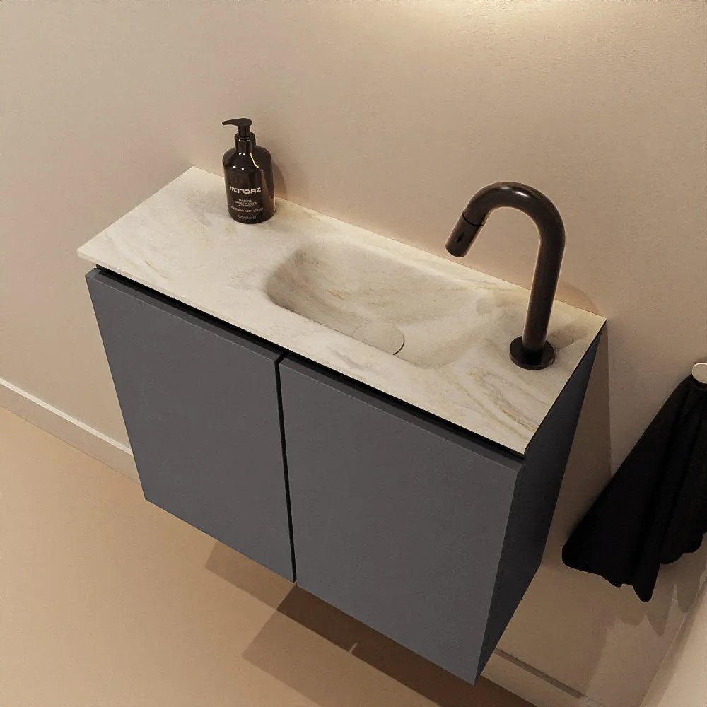 Mondiaz Ture DLux toiletmeubel 60cm dark grey met wastafel ostra rechts met kraangat