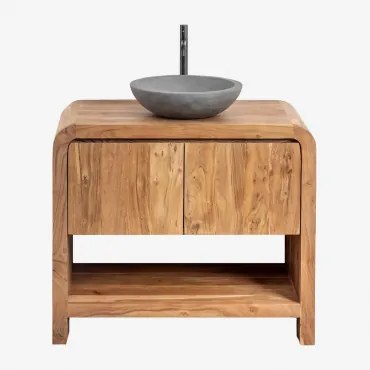 Vacry Houten Badkamermeubelset Acacia Bruin & Rond Grijs Cement Ø40 Cm Tarsis & Spiegelloze & Mat Zwart ↑30 Cm Met Afvoerkraan Zonder Overloop Orveta