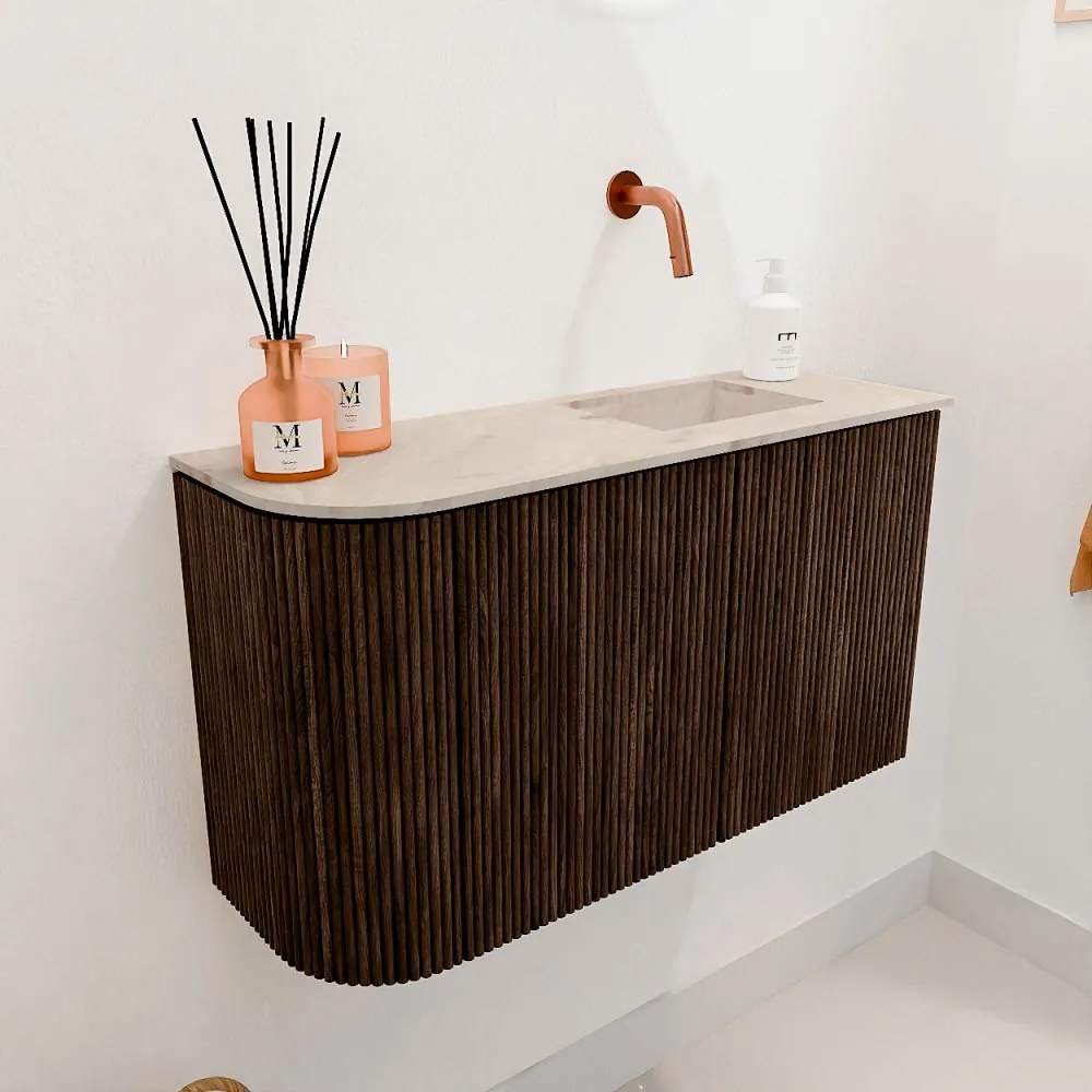 Mondiaz Joya DLux 70cm toiletmeubel ronding links walnut met wastafel faye rechts zonder kraangat frappe
