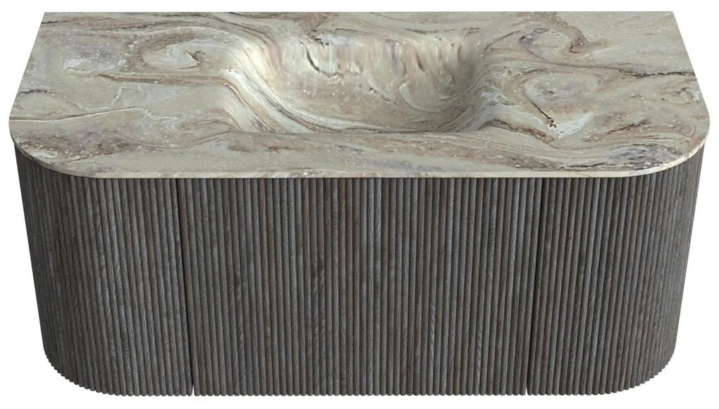 Mondiaz Kurve-dlux 100cm badmeubel ronding links/rechts shadow met 1 lade en 2 deuren en wastafel grunne midden zonder kraangat glace