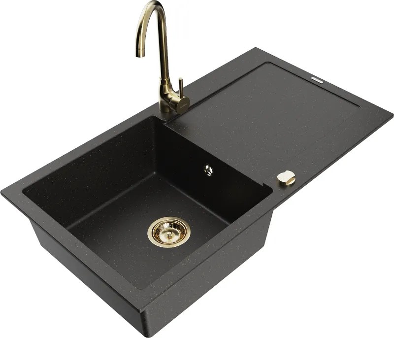 Mexen Leo granitische gootsteen met 1 bak en afdruiprek en keukenkraan Telma, zwart/goud metallic - 6501-75-670200-50