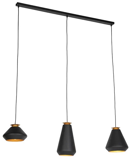 Eettafel / Eetkamer Moderne hanglamp 3-lichts zwart met goud balk - Mia Design, Modern E27 Binnenverlichting Lamp
