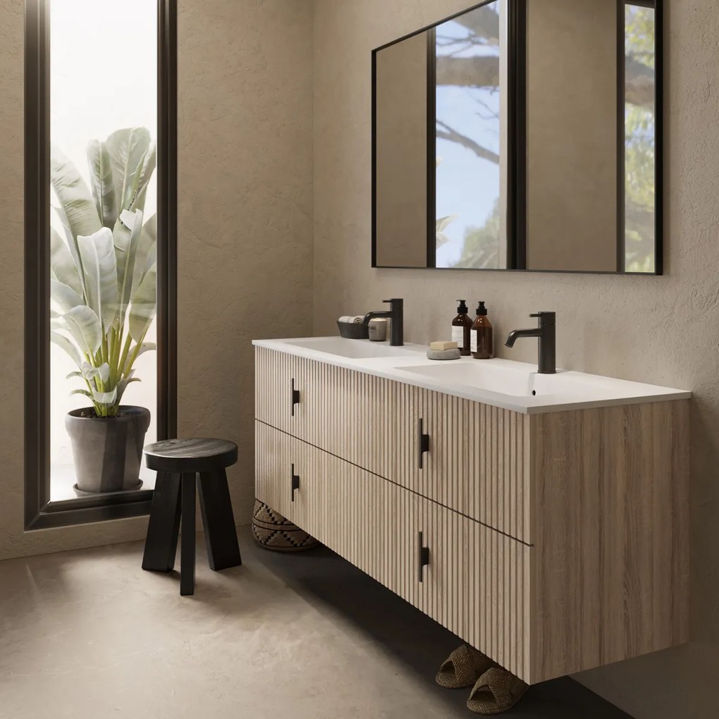 Muebles Avila badmeubel ribbelfront 160cm naturel eiken met dubbele wastafel met kraangaten