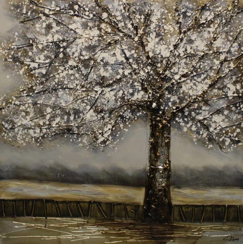 Schilderij -Handgeschilderd - Eenzame boom - bruin beige - 100x100cm
