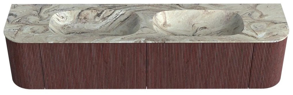 Mondiaz Kurve-dlux 190cm badmeubel ronding links/rechts ruby met 2 lades en deuren en wastafel stor small dubbel zonder kraangat glace