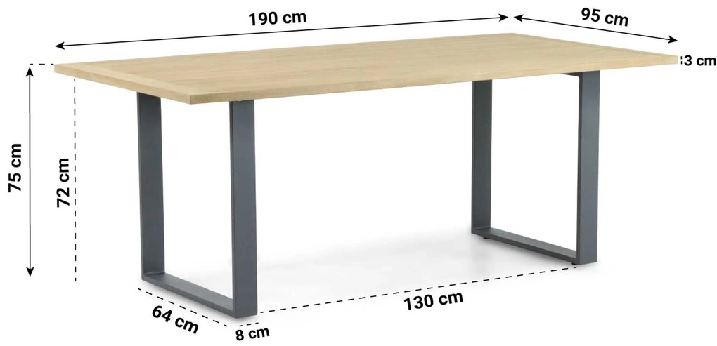 Dining Tuintafel Rechthoekige tuintafels/Rechthoekig 190 x 95 cm Aluminium/Teak Grijs Condor