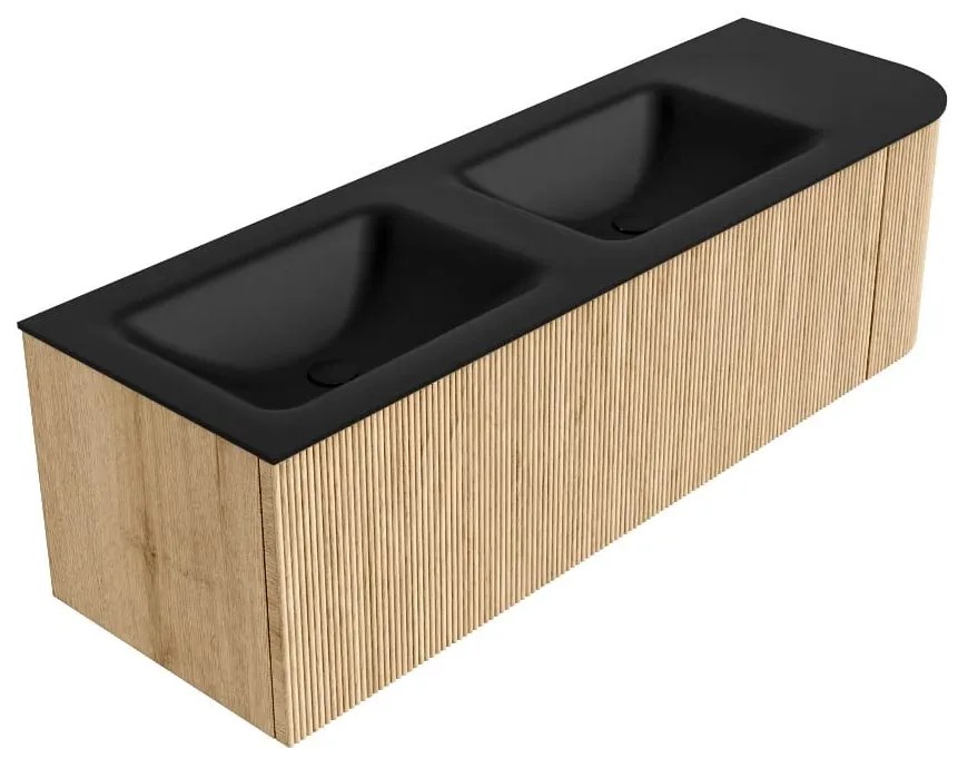 Mondiaz Kurve 145cm badmeubel ronding rechts oak met 1 lade en deur en wastafel cloud dubbel/links 2 kraangaten urban