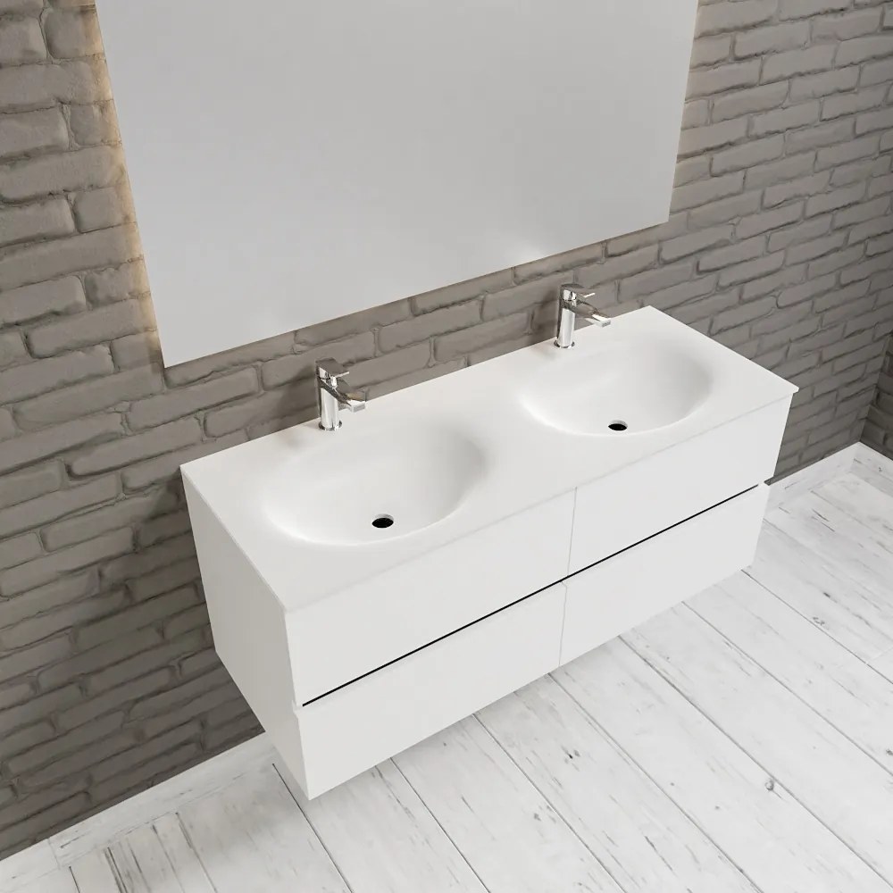 Zaro Sevilla Solid Surface badmeubel 120cm mat wit 2 kraangaten dubbele spoelbak 4 lades