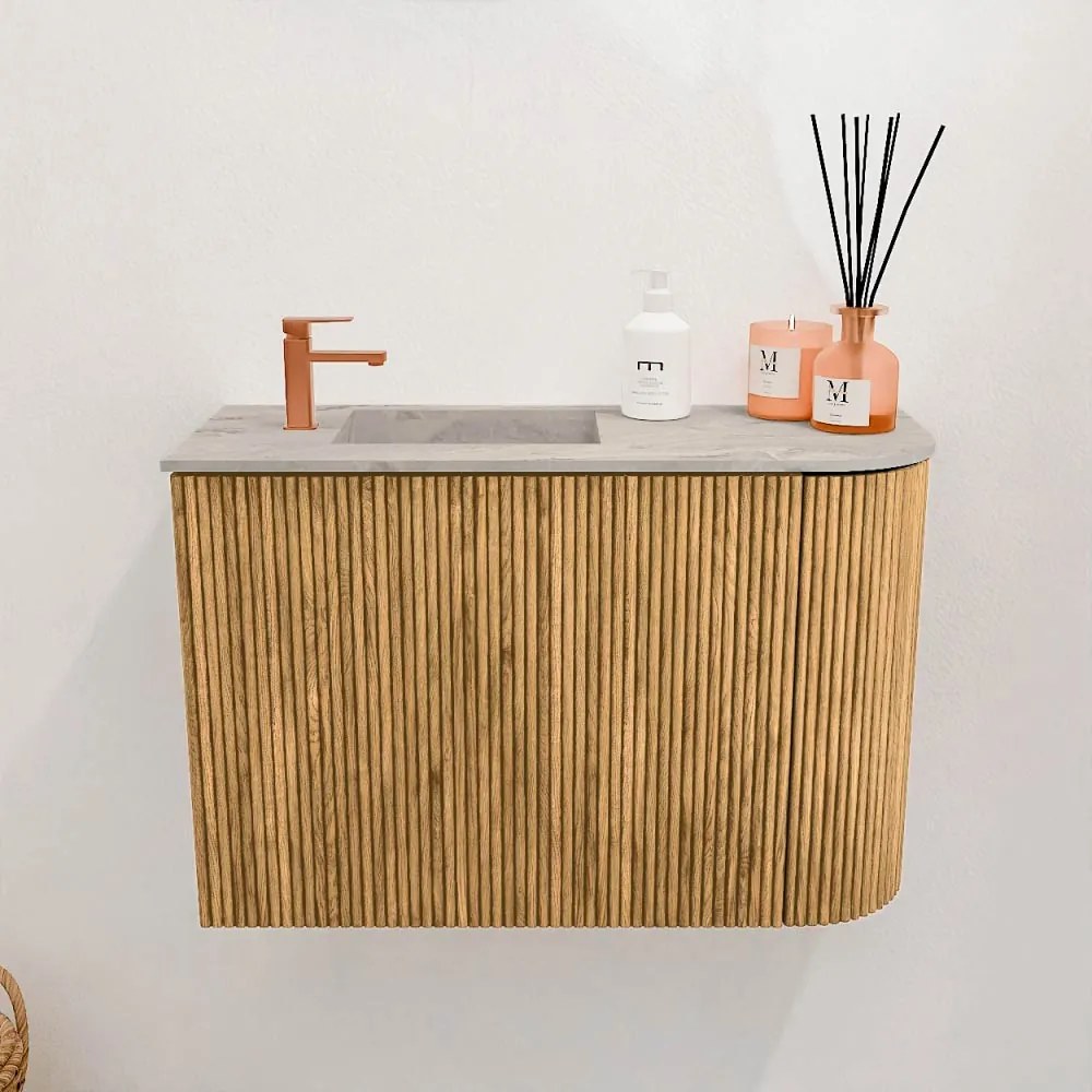 Mondiaz Joya DLux 60cm toiletmeubel ronding rechts oak met wastafel faye links 1 kraangat glace