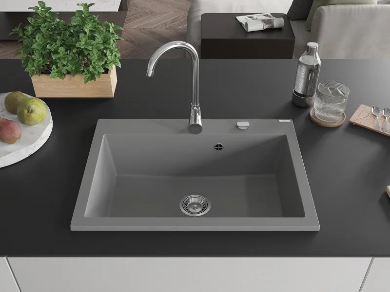 Mexen Elix granieten gootsteen 1-kamer 700 x 500 mm, grijs, chromen sifon - 6526701005-71