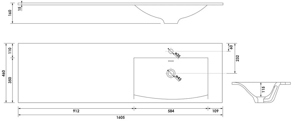 Brauer Glacier wastafel fine stone 160cm rechts met kraangat wit mat