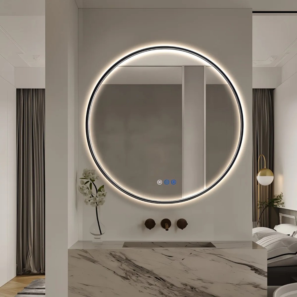 Saniclear Circle Black ronde spiegel met verwarming, direct en indirect licht mat zwart 90cm