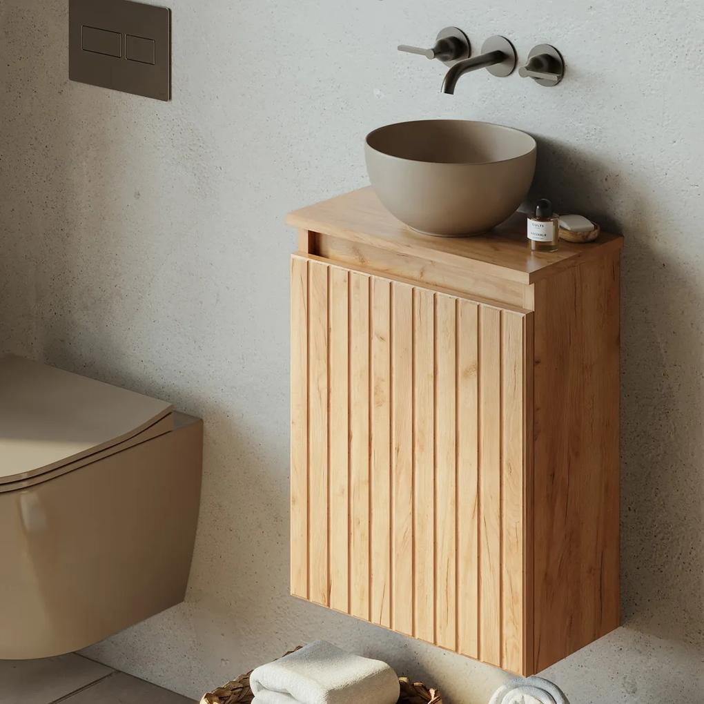 Fontana Bano toiletmeubel ribbelfront warm eiken 40x22cm met waskom in taupe