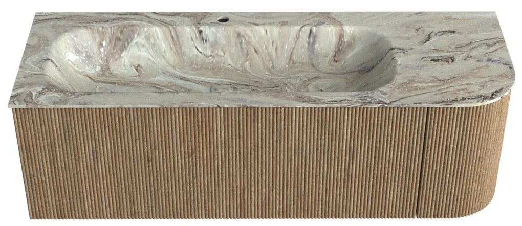 Mondiaz Kurve-dlux 135cm badmeubel ronding rechts dusk met 1 lade en deur en wastafel big medium kraangat links glace