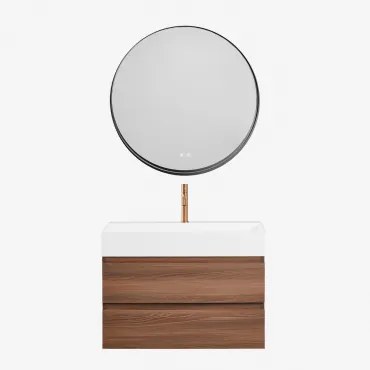 Ona Zwevend Badkamermeubelset Van Hout En Essenfineer Met Geïntegreerde Wastafel Donker Hout & Round Led And Antifog Zwart Ø80 - Sklum