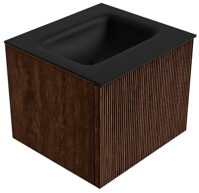 Mondiaz Kurve 50cm badmeubel walnut met 1 lade en wastafel grunne midden 1 kraangat urban