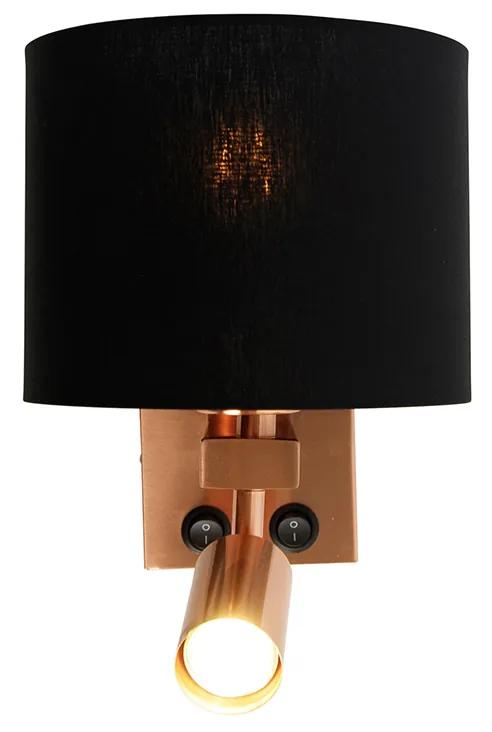 Wandlamp koper met leeslamp en kap 18 cm zwart - Brescia Modern E27 vierkant Binnenverlichting Lamp