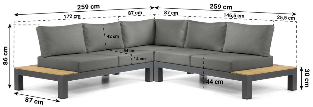 Loungeset 5 personen Aluminium/Teak Grijs Lifestyle Garden Furniture Vittoria