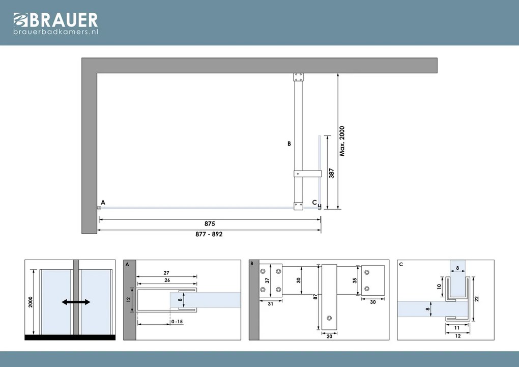 Brauer Oblivion inloopdouche helder glas 90cm met 40cm zijwand RVS geborsteld PVD