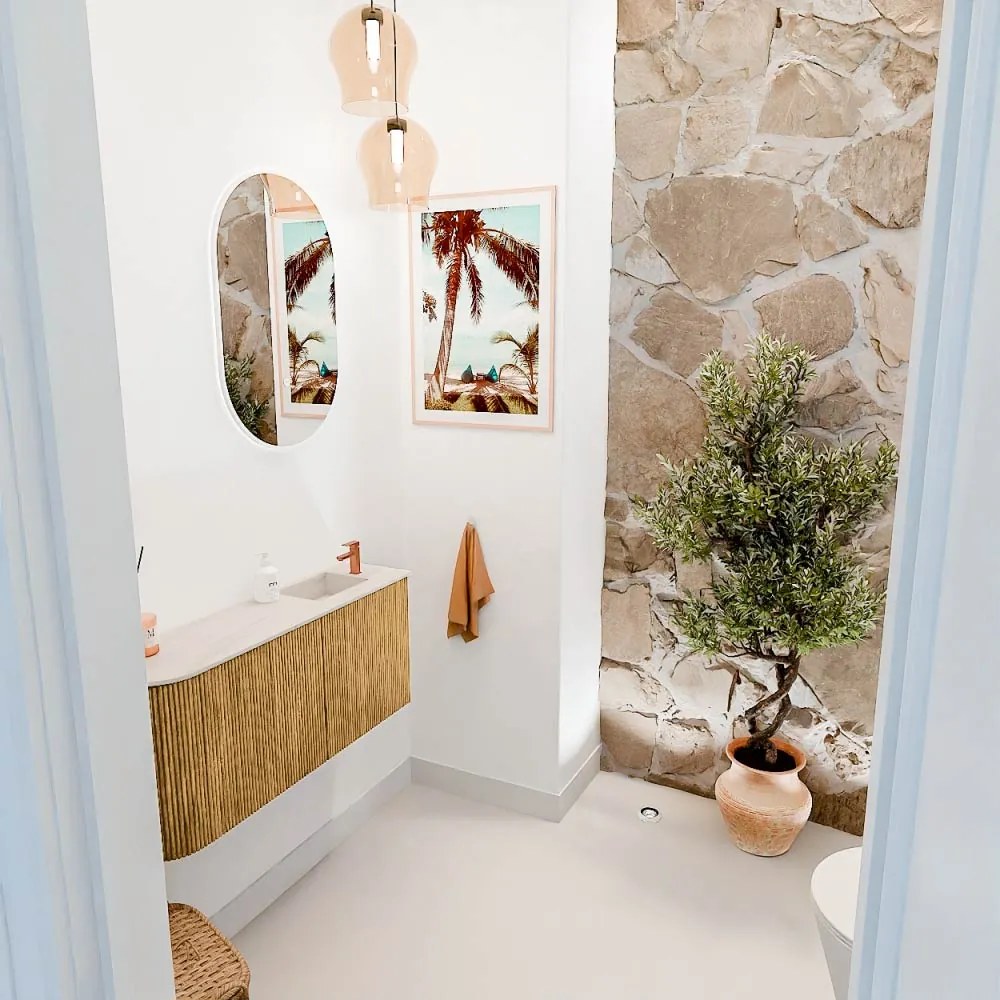 Mondiaz Joya DLux 90cm toiletmeubel ronding links oak met wastafel faye rechts 1 kraangat meli