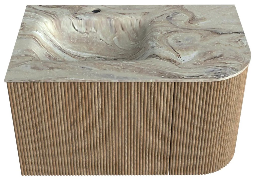 Mondiaz Kurve-dlux 75cm badmeubel ronding rechts dusk met 1 lade en deur en wastafel grunne kraangat links glace