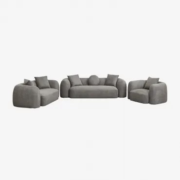 Woonkamerset Met 3-zits Modulaire Bank, 2-zitsbank En Fauteuil In Coco Chenille Granietgrijs Dik Chenilledoek - Sklum