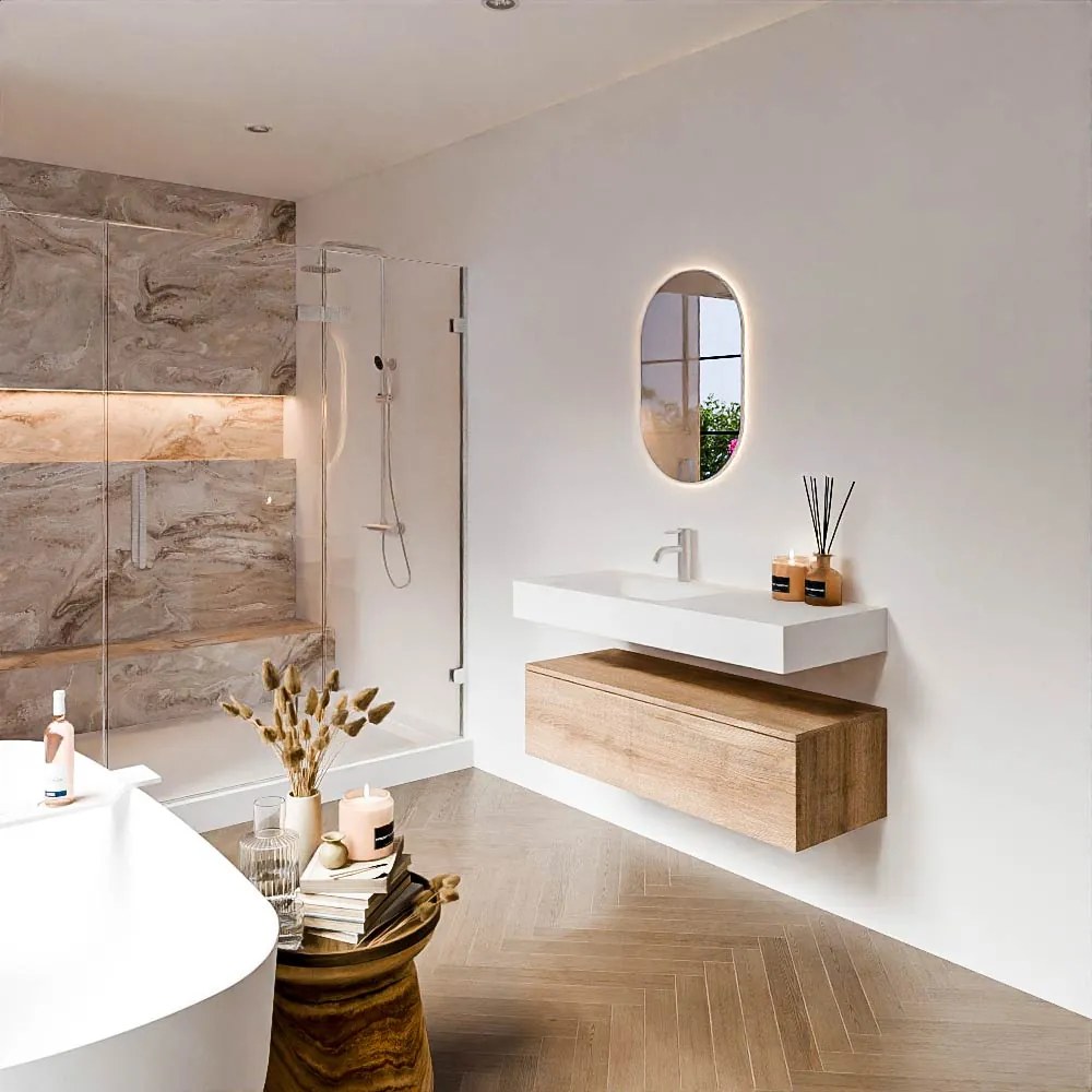 Zaro Alan badmeubel 110cm washed oak 1 lade met vrijhangende wastafel cloud links 1 kraangat talc
