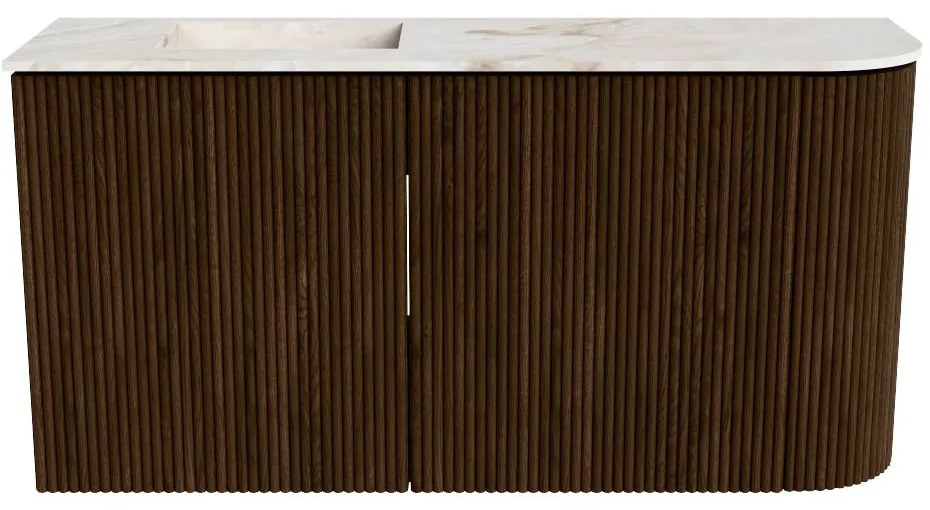 Mondiaz Joya DLux 80cm toiletmeubel ronding rechts walnut met wastafel faye links zonder kraangat frappe