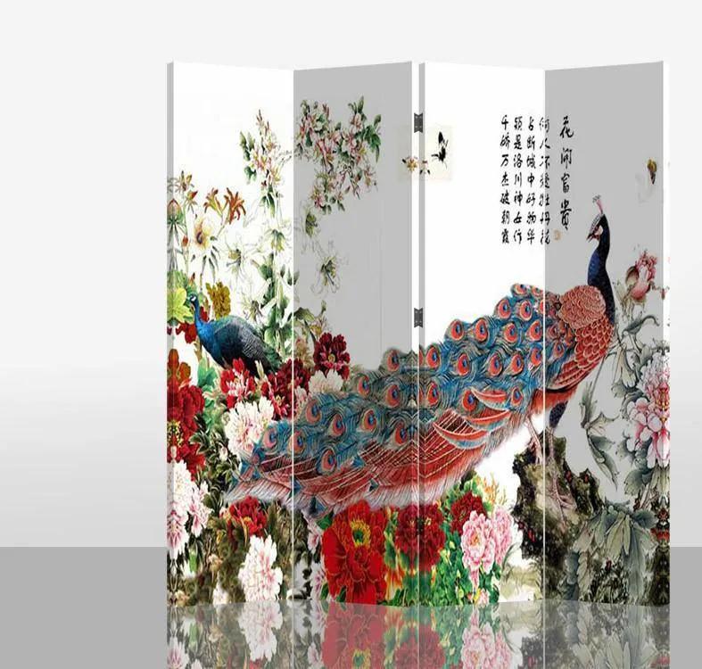 Fine Asianliving Chinees Kamerscherm Oosters Scheidingswand B160xH180cm 4 Panelen Rode Pauw met Bloemen