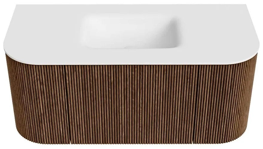 Mondiaz Kurve 100cm badmeubel ronding links/rechts walnut met 1 lade en 2 deuren en wastafel grunne midden 1 kraangat