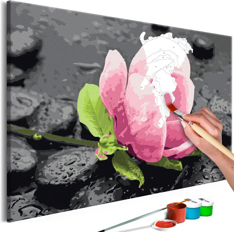 Doe-het-zelf op canvas schilderen -Roze Bloem en Stenen 60x40