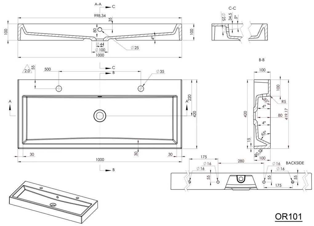 Sapho Orinoko wastafel 100x42cm