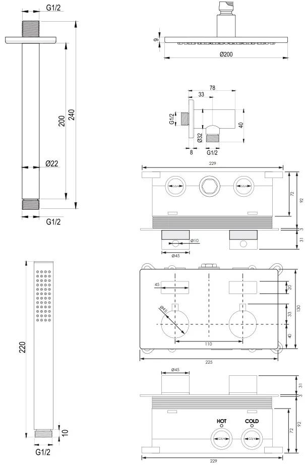 Brauer Chrome Edition thermostatische inbouw regendouche met staafhanddouche, plafondarm en hoofddouche 20cm set 53 chroom