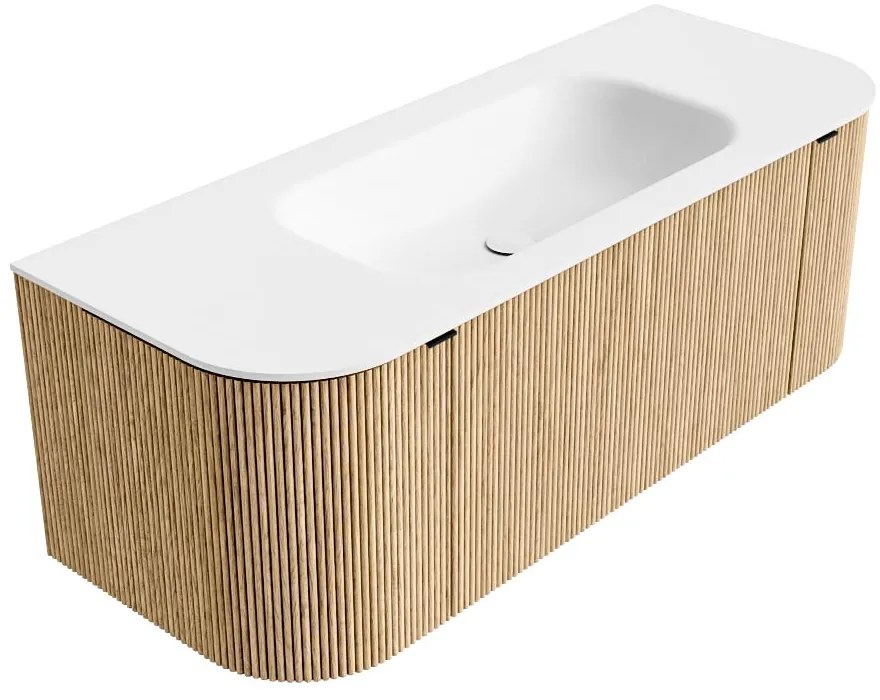 Mondiaz Kurve 120cm badmeubel ronding links/rechts oak met 1 lade en 2 deuren en wastafel big small midden zonder kraangat