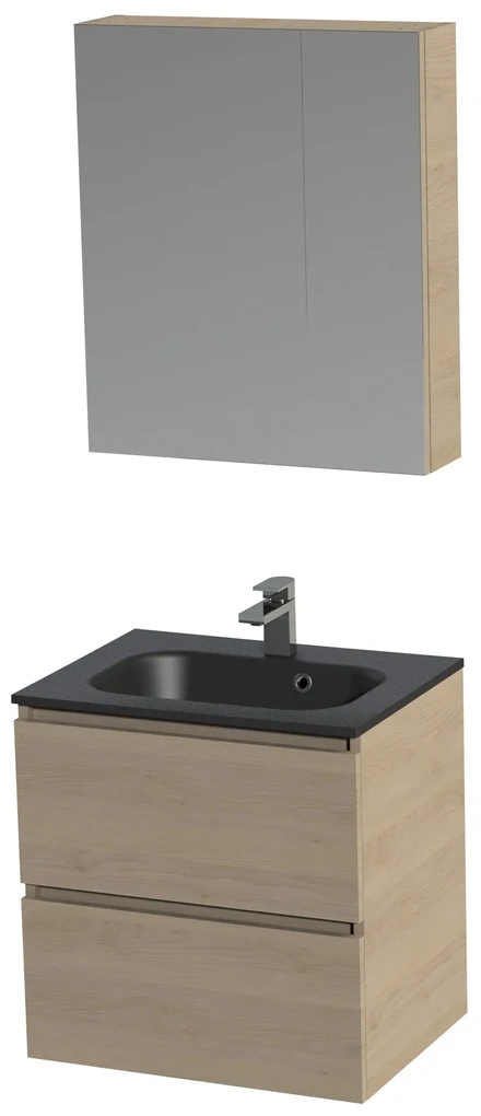 Tiger Loft badmeubel met spiegelkast en zwarte wastafel 60cm naturel eiken