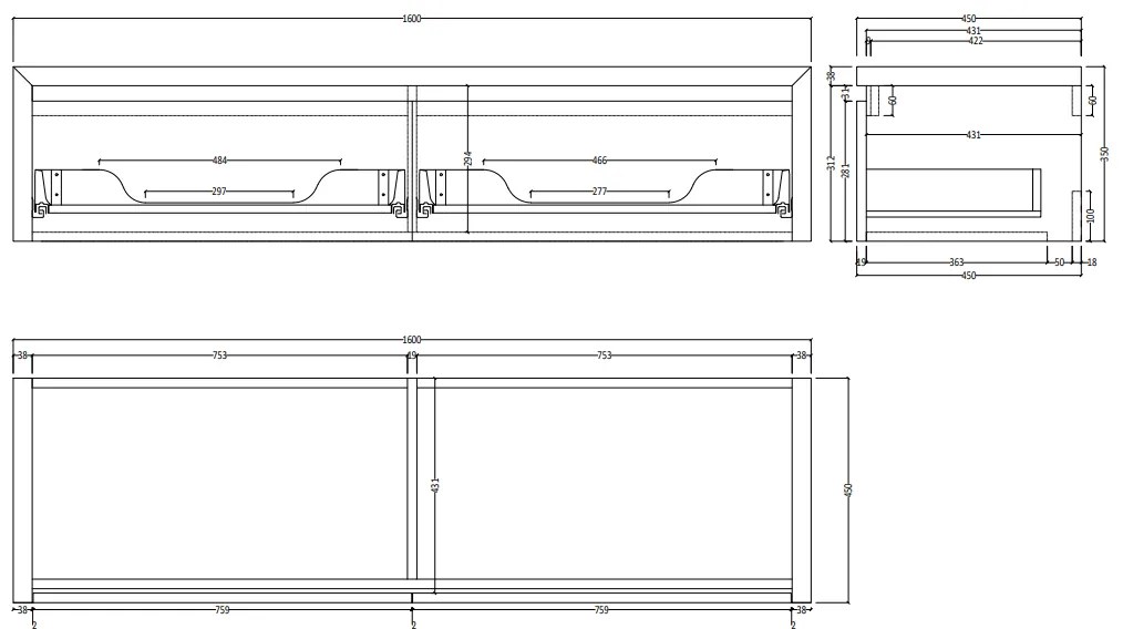 SaniGoods Alvares badmeubel 160cm 2 lades zonder waskom eiken charcoal