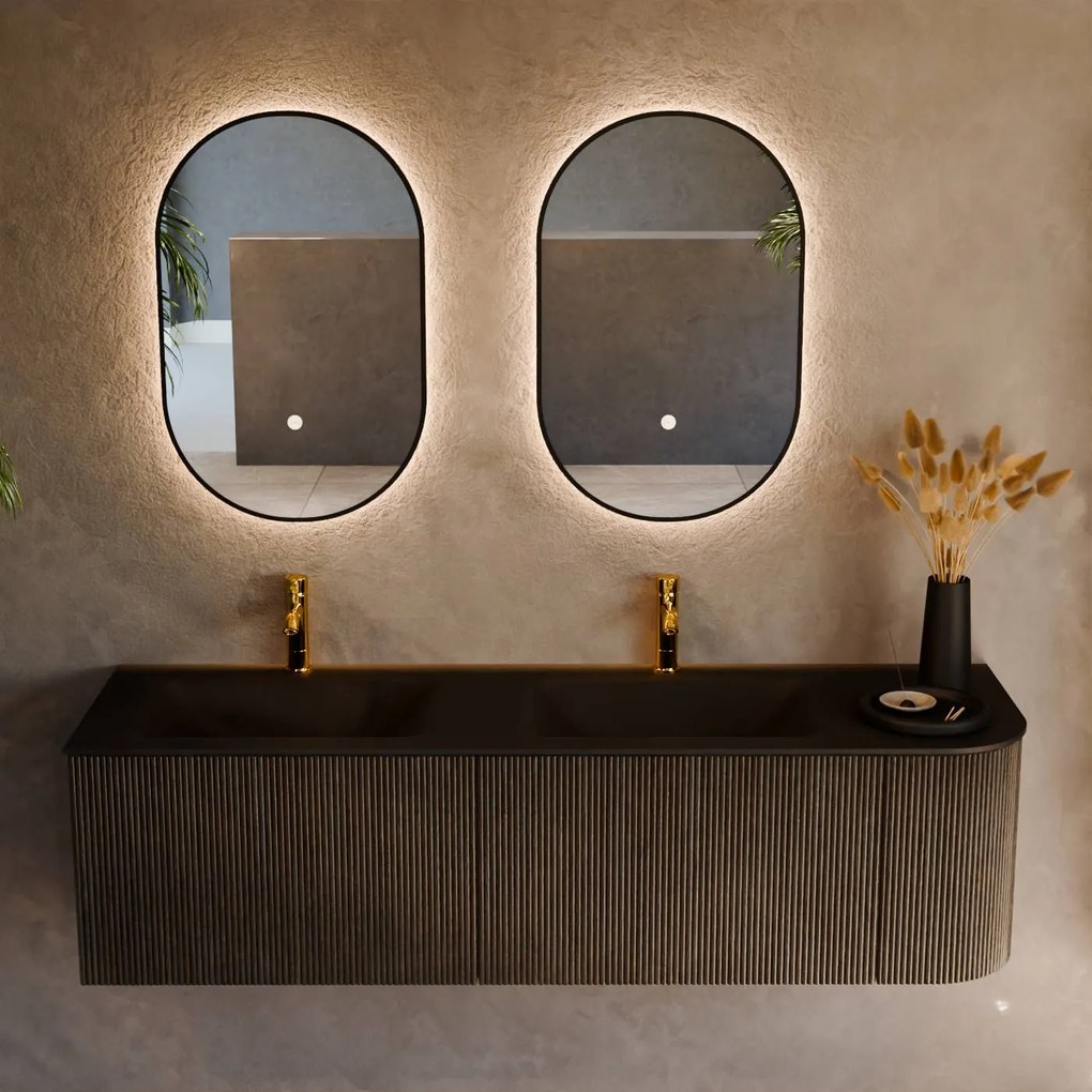 Mondiaz Kurve 155cm badmeubel ronding rechts shadow met 2 lades en 1 deur en wastafel cloud dubbel/links 2 kraangaten urban