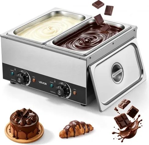 VEVOR Chocoladesmeltmachine met 2 verwijderbare roestvrijstalen containers, 800+800 W, voor bakkerijen en restaurants, aparte temperatuurregeling voor elke container, 30–85 °C, droogloopbeveiliging, chocoladetempermachine