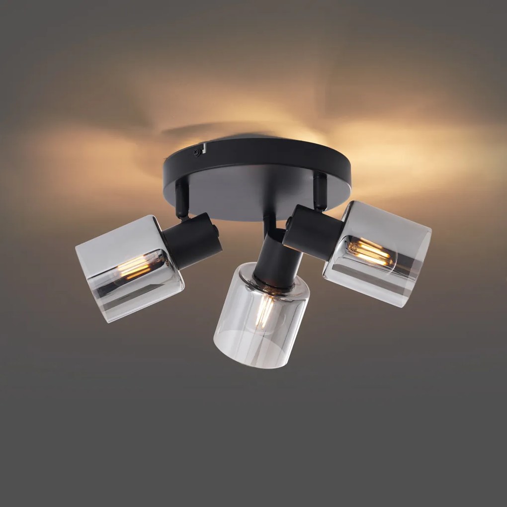 Moderne plafondlamp zwart met smoke glas rond 3-lichts - Cilin